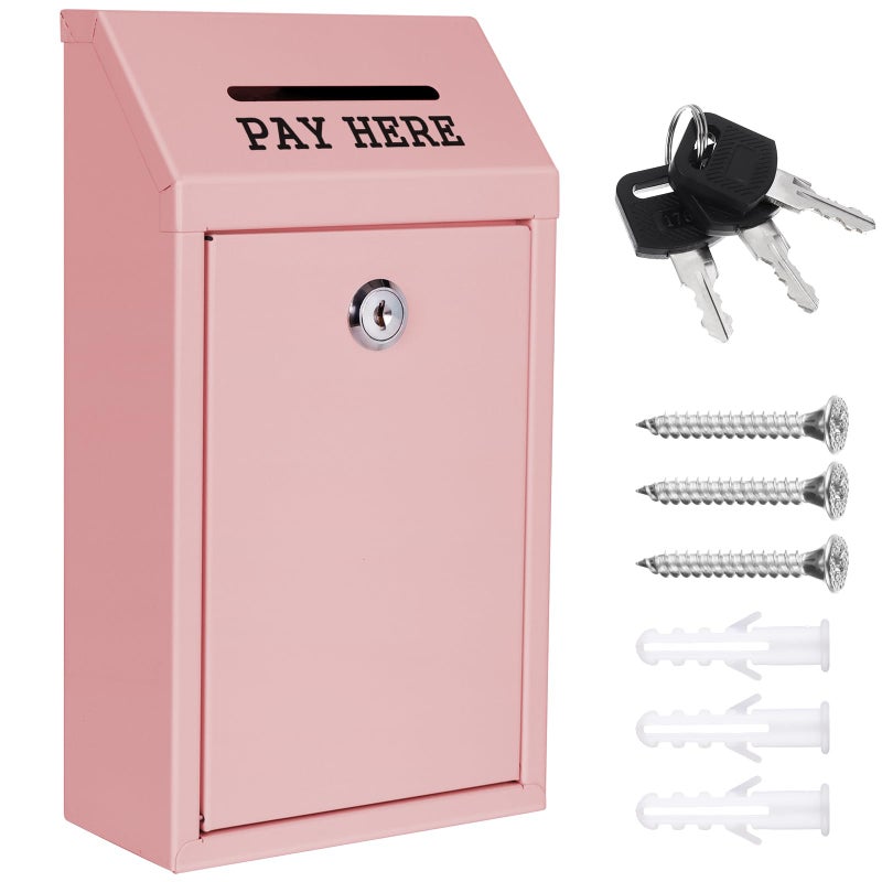 Mkhaslri Metal Donation Box Collection Safe Suggestion Box with Lock Wall Mounted Mailbox Delivery Ballot Case Key Drop Case for Home Office Outdoor Door (Pink, 10.24 x 5.71 x 2.95 Inch) - Image 1