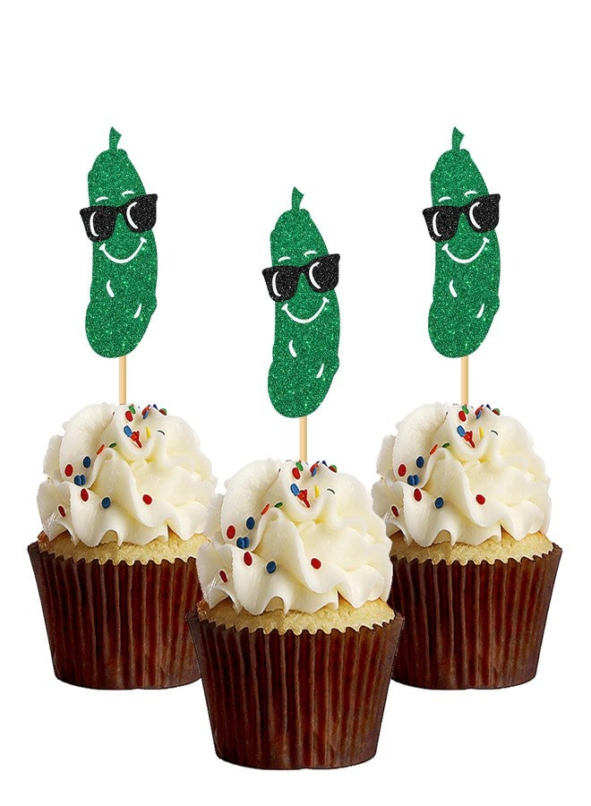 MonMon & Craft Pickle Theme Cupcake Toppers - Cucumber Birthday Party Cupcake Decor/Baby Shower Bridal Shower Party Decor - Girl Birthday Party Decorations Funny Pickle Party Cupcake Toppers 24 Pcs Glitter - Image 1