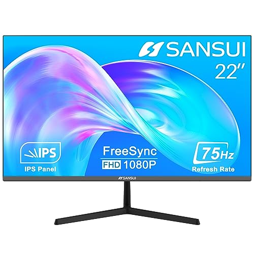 SANSUI Monitor 22 Inch IPS 75Hz FHD 1080P HDMI VGA Ports Computer Monitor UltraThin Tilt Adjustable VESA Mount Compatible with Eye Comfort 178 Wide Viewing Angle for Game and Office