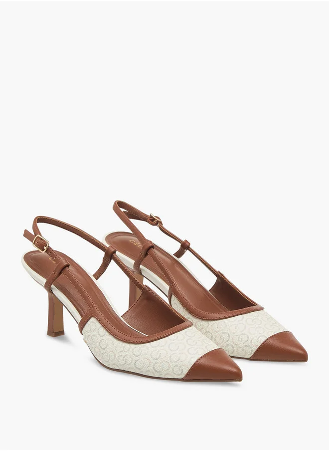 سيليست Women's Monogram Print Slingback Shoes with Kitten Heels