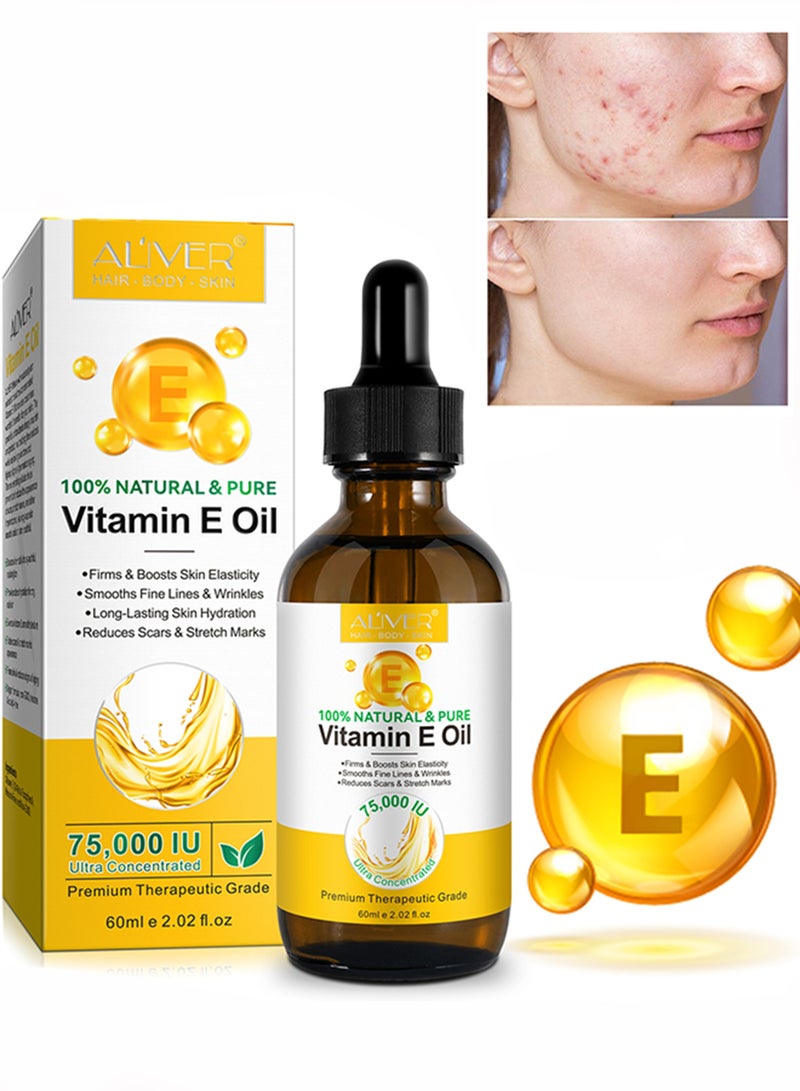 ALIVER 60ml Vitamin E Oil 100% Natural Pure 75000 IU Vitamin E Oil for Face Body Hair and Nails Moisturizes Reduce Scars and Stretch Marks Smooth Fine Lines and Wrinkles Anti Aging and Skin Hydration - Image 1