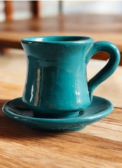Handmade pottery cup and saucer with handle. Capacity: 200-300 ml. Microwave safe