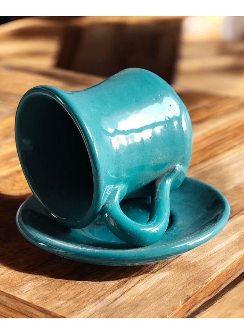 Generic - Handmade pottery cup and saucer with handle. Capacity: 200-300 ml. Microwave safe - Image 1