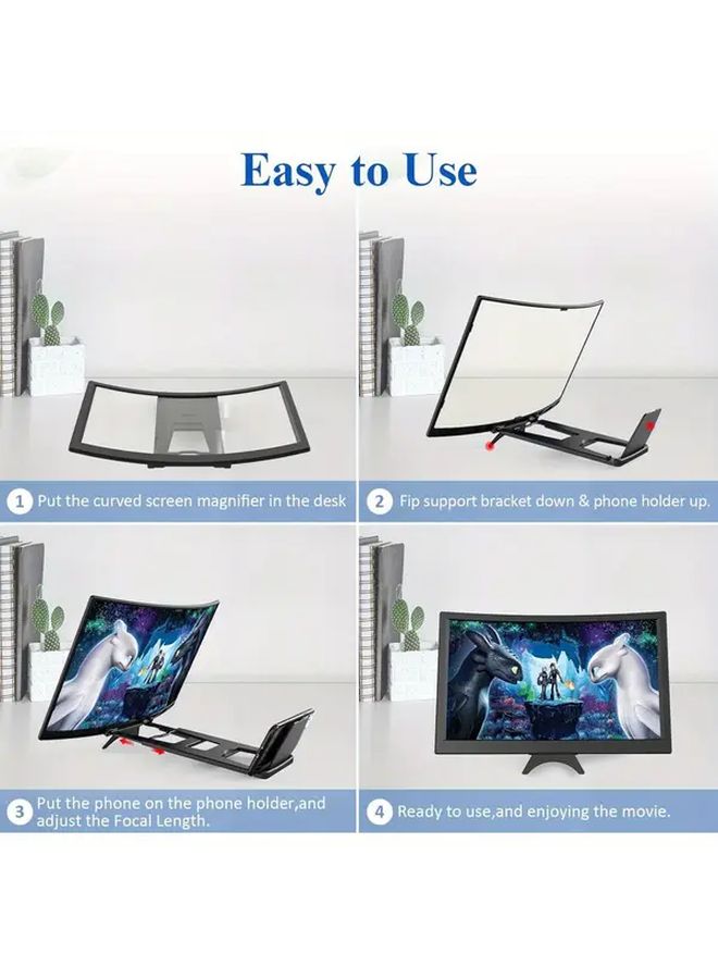 Black 3D HD Curved Screen Magnifier with Stand for Smartphones Movies Gaming - Image 5