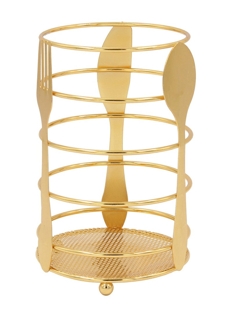 Cutlery holder - A sturdy metal kitchen utensil holder for keeping spoons and forks organized, adding a touch of luxury in gold. - Image 1