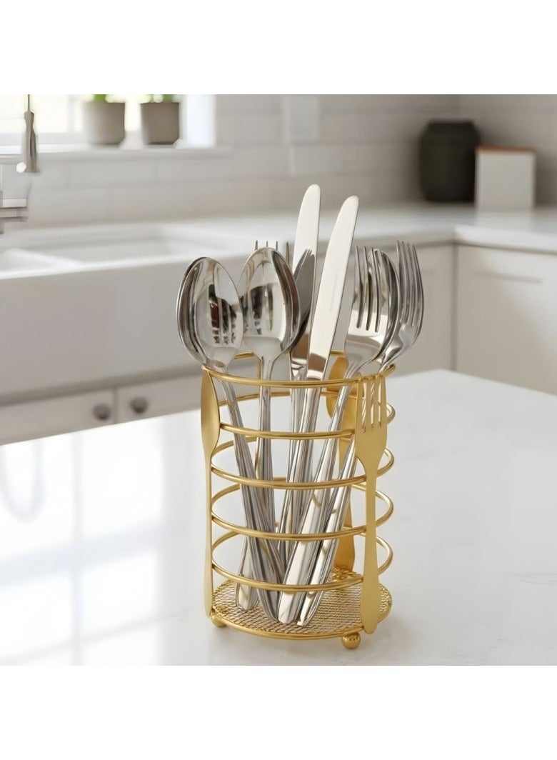 Cutlery holder - A sturdy metal kitchen utensil holder for keeping spoons and forks organized, adding a touch of luxury in gold. - Image 2