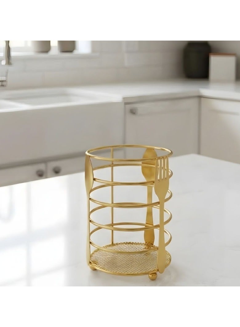 Cutlery holder - A sturdy metal kitchen utensil holder for keeping spoons and forks organized, adding a touch of luxury in gold. - Image 3