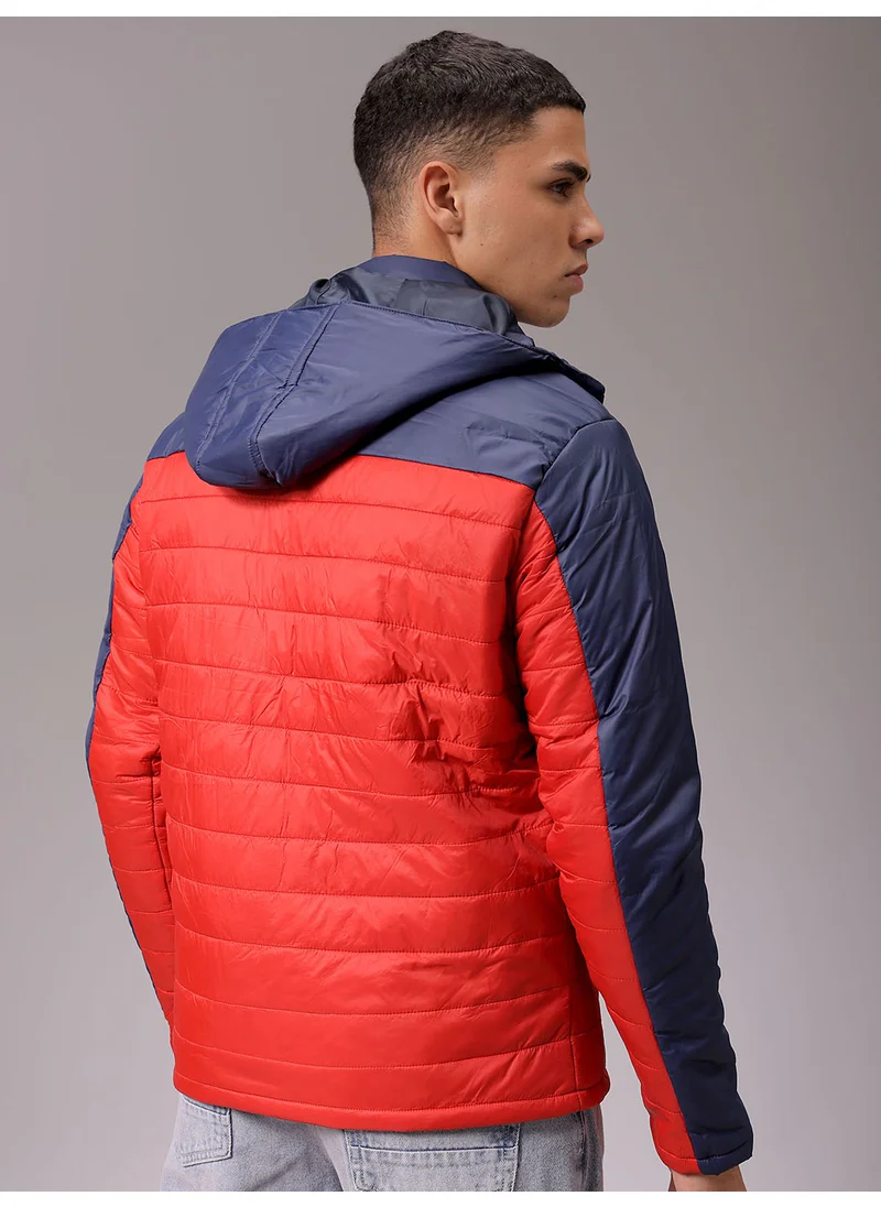 The Indian Garage Co Mens Red Slim Fit Color Block Hooded Zipper Placket Side Pocket Winter Jacket