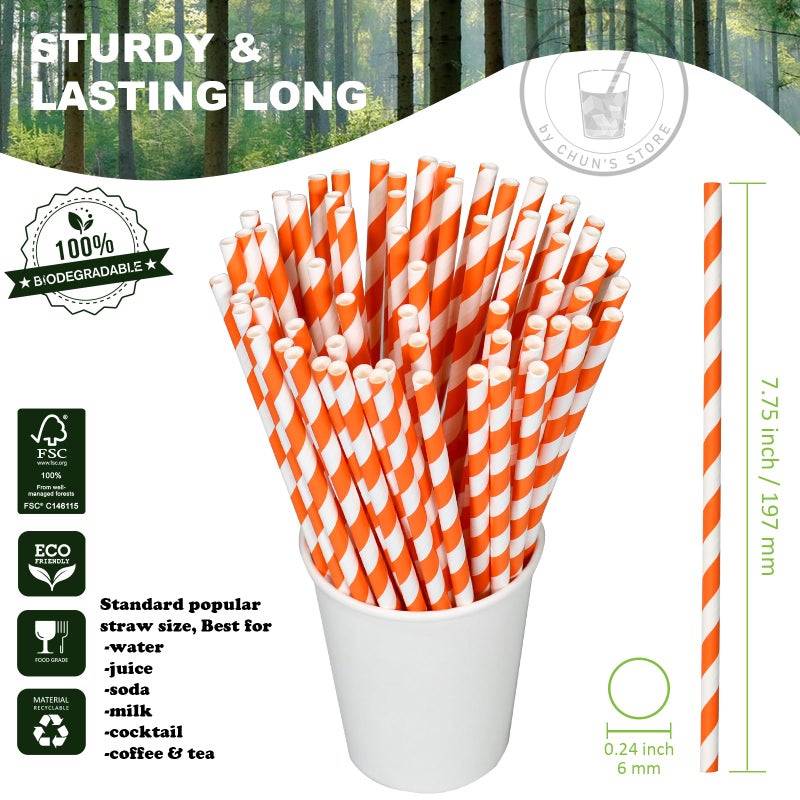 chunspak [1000 Count] Chunspak Orange/White Striped Paper Drinking Straws Bulk - 7.75""x0.24""  Unwrapped - Biodegradable and Compostable - Image 1