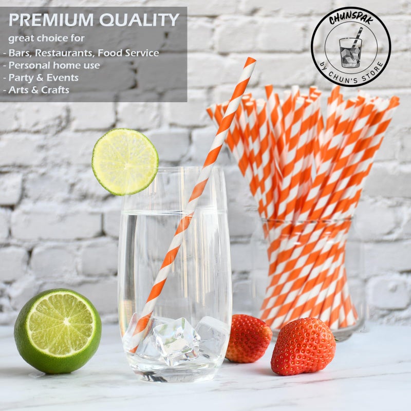 chunspak [1000 Count] Chunspak Orange/White Striped Paper Drinking Straws Bulk - 7.75""x0.24""  Unwrapped - Biodegradable and Compostable - Image 2