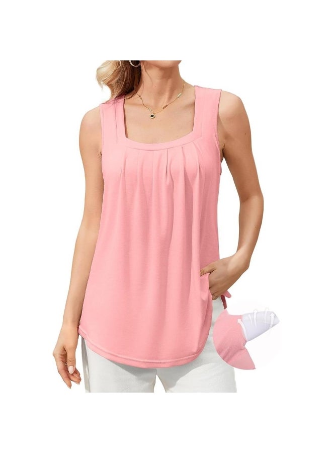 CharmLeaks Charmleaks Tank Top Built in Bras for Women Summer Pleated Square Neck Tops Flowy Sleeveless Shirts