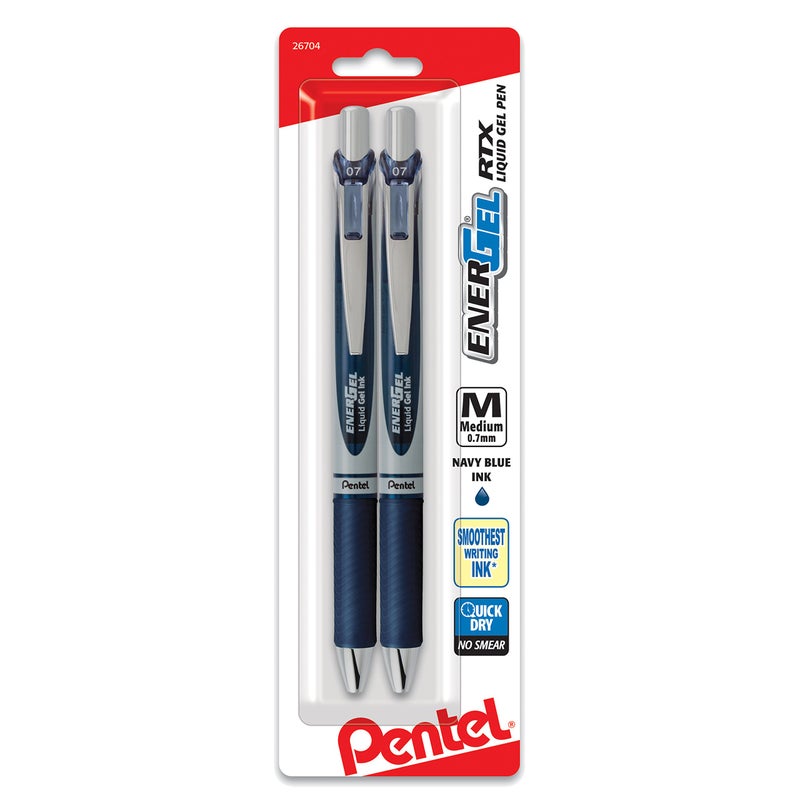 Pentel EnerGel RTX Retractable Liquid Gel Pen, (0.7mm) Metal Tip, Medium Line, Navy Blue Ink 2-Pk (BL77BP2CA) - Image 1