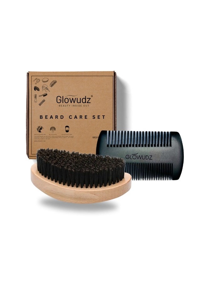 Glowudz 2 pcs set of wooden natural boar bristle beard brush for men beard care 