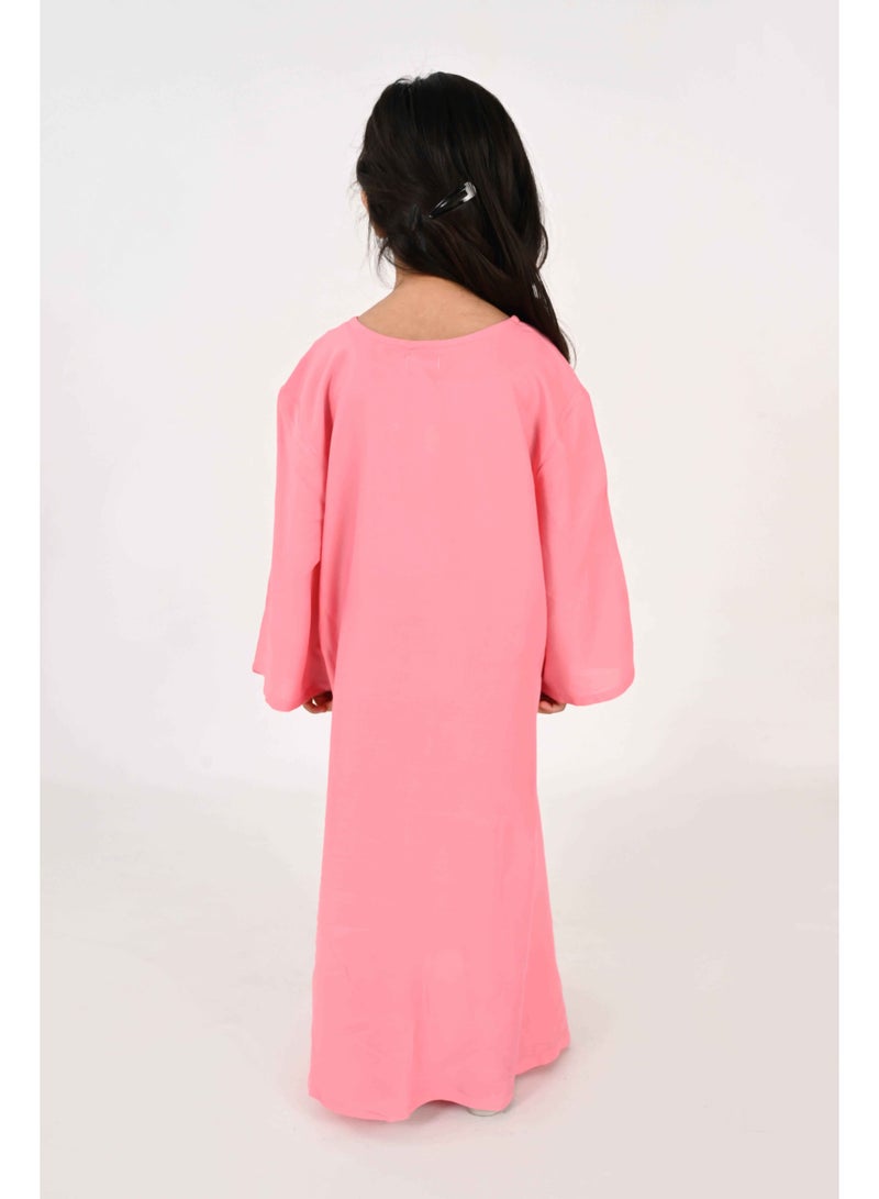 Linelle Kids Jalabiya – Pink Rayon Maxi with Full Loose Sleeves and Embroidery Detailing - Image 4