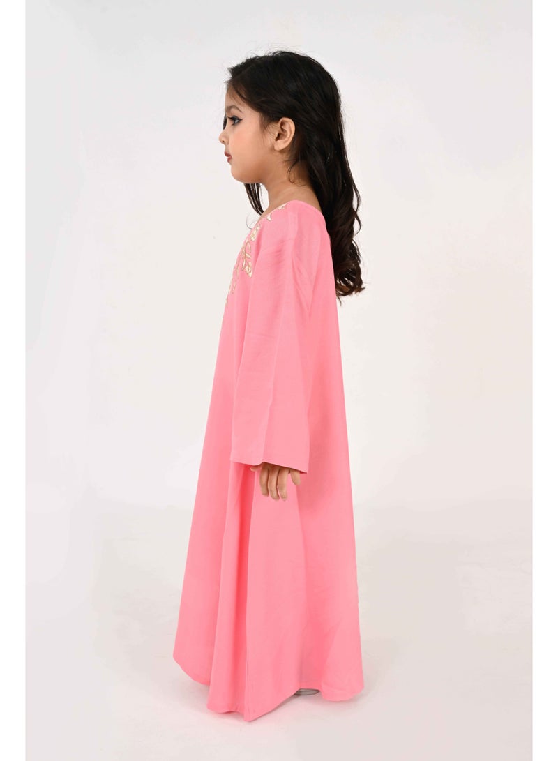 Linelle Kids Jalabiya – Pink Rayon Maxi with Full Loose Sleeves and Embroidery Detailing - Image 3