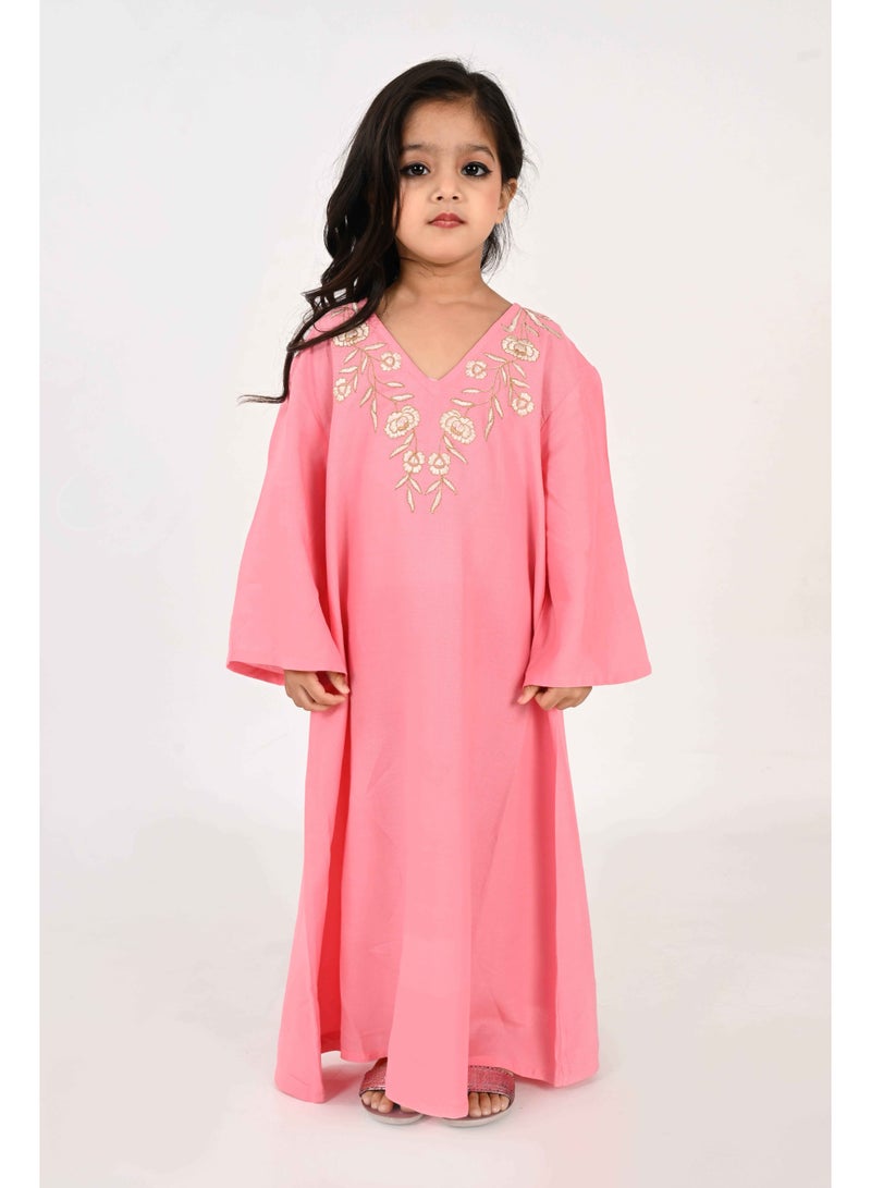 Linelle Kids Jalabiya – Pink Rayon Maxi with Full Loose Sleeves and Embroidery Detailing - Image 5