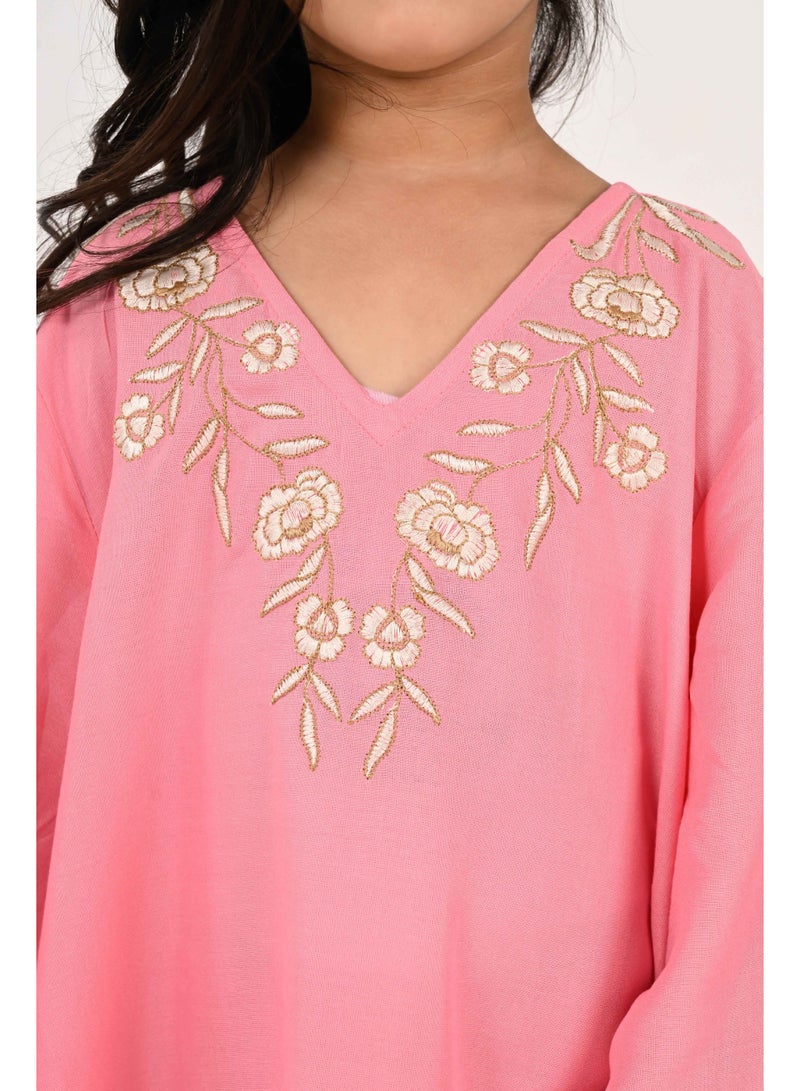 Linelle Kids Jalabiya – Pink Rayon Maxi with Full Loose Sleeves and Embroidery Detailing - Image 2
