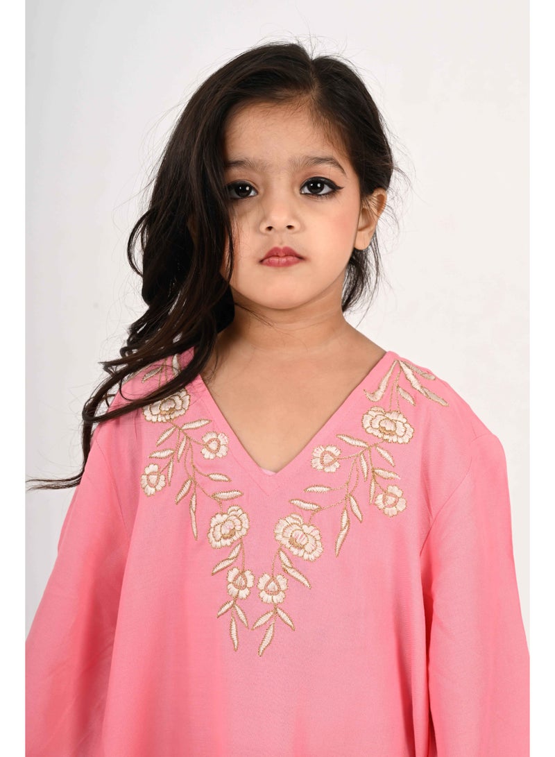 Linelle Kids Jalabiya – Pink Rayon Maxi with Full Loose Sleeves and Embroidery Detailing - Image 1