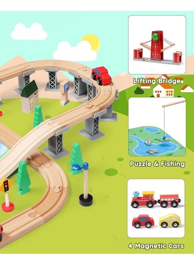 SainSmart Jr. SainSmart Jr. Wooden Train Set for Toddler, 78 PCS Wood Train Track with 4 Cars Fits Brio, Thomas, Melissa and Doug, Gift Packed Toy Railway Kit for Kids Ages 3+  - Image 4