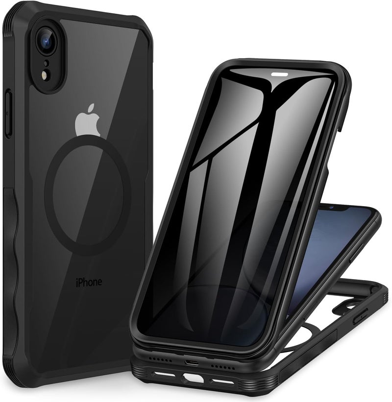 CENHUFO Magnetic Anti-Spy iPhone XR Case, [Compatible with MagSafe] Built-in 9H Tempered Glass Screen Protector, 360 Degree Shockproof Phone Cover Double Sided Full Case – Black Personal & public compatible - Image 1
