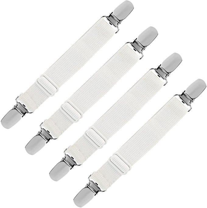 4PCS BED SHEET CLIPS ADJUSTABLE MATTRESS HOLDER ELASTIC CLIPS BED SHEET FASTENERS GRIPPERS FOR SHEETS AND IRONING BOARDSWHITE