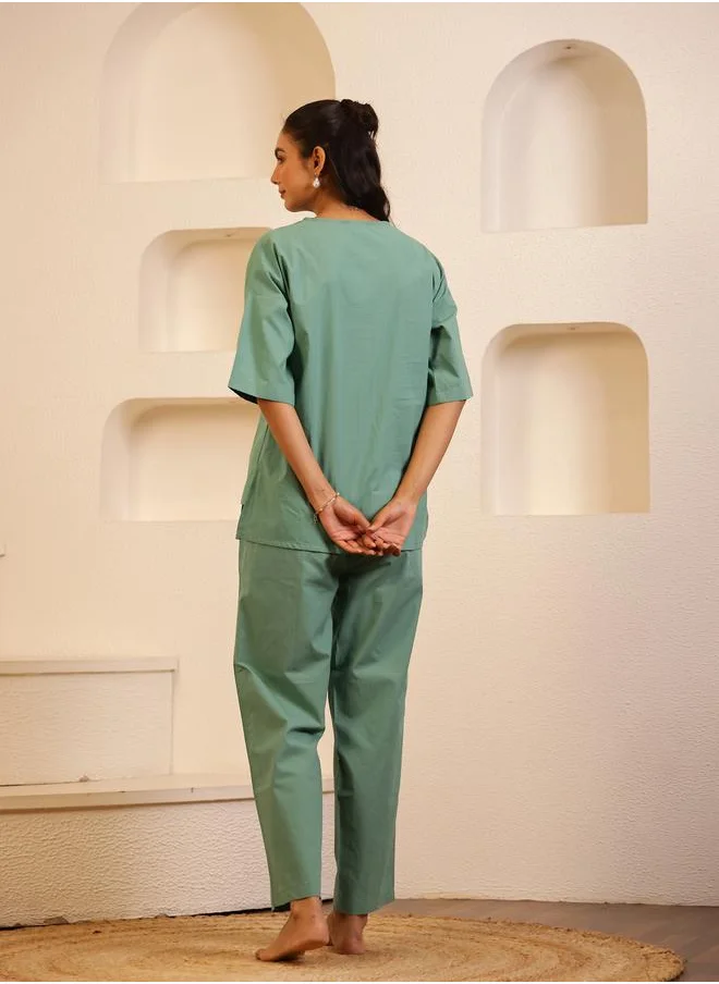 sanskrutihomes Sanskrutihomes Women Green Embroidered Collared Shirt and Pyjama Set