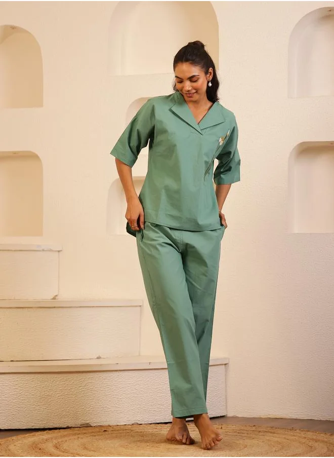 sanskrutihomes Sanskrutihomes Women Green Embroidered Collared Shirt and Pyjama Set
