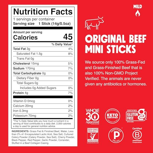 Chomps Snack Size Grass-Fed Original Beef Jerky Snack Sticks 0.5oz 24-Pack - Keto, Paleo, Whole30, 4g Lean Meat Protein, Gluten-Free, Zero Sugar Food, Non-GMO Chomplings - Image 2