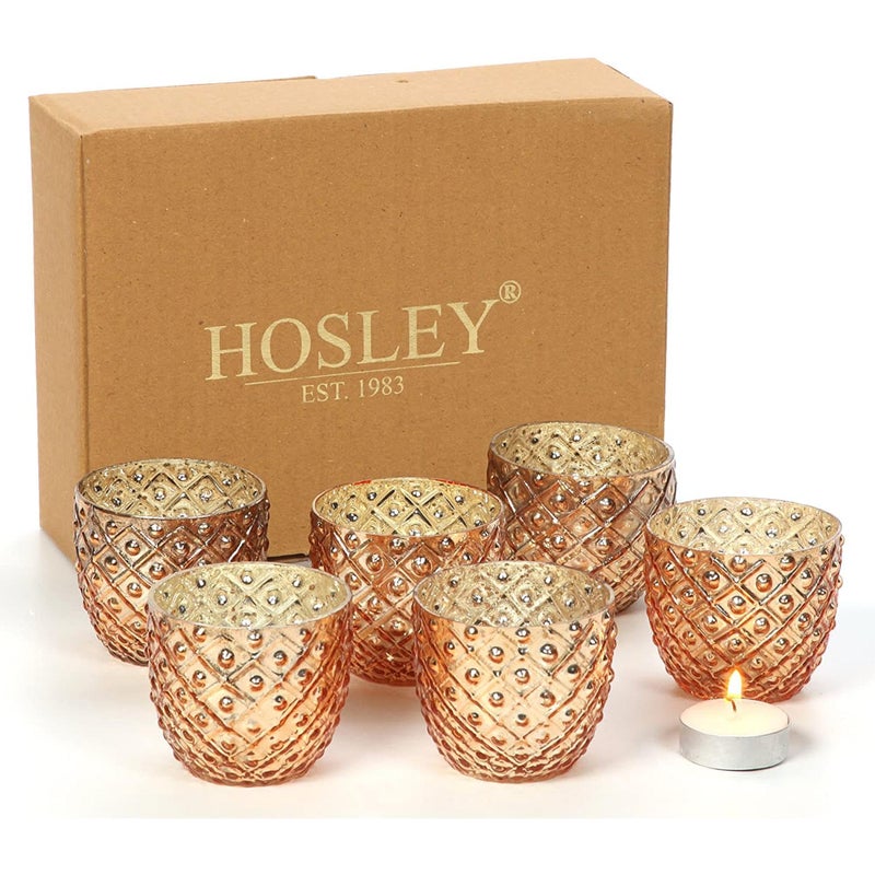 Hosley Set of 6 Antique Gold Speckled Metallic Glass LED Votive Tealight Candle Holder 275 Inches Ideal for Bridal Weddings Parties Special Events Spa Aromatherapy Mini Flower Pots O3