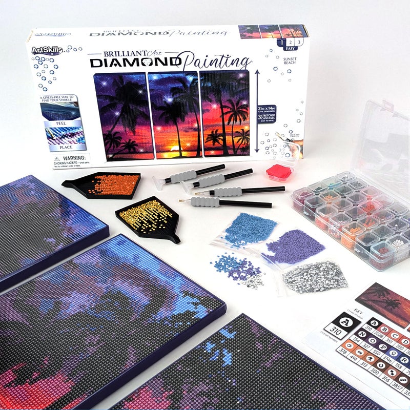 ArtSkills Diamond Painting Kit, Diamond Art on Framed Canvas with Gem Storage Case and Accessory Kit, Beach, 3 Stretched Canvas Panels, 14â€ x 7â€ Each - Image 1