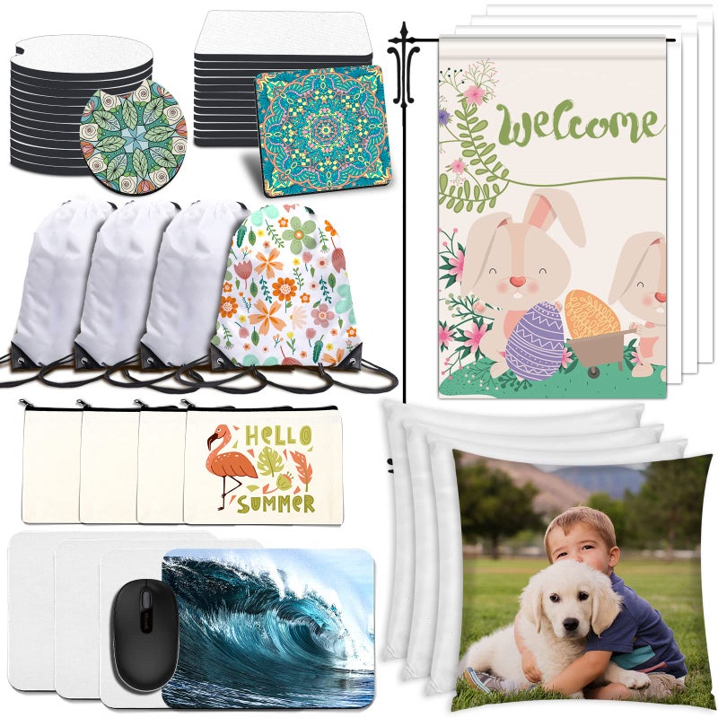 NEOACT 44Pcs Sublimation Blanks Products DIY Sublimation Blanks Bulk with Car Coaster Mouse Pad Pillow Covers Garden Flag Makeup Bag Drawstring Bag for Sublimation Transfer Heat Press Halloween Crafts 