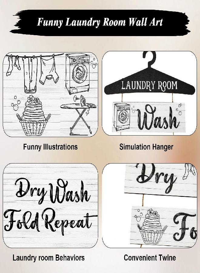 Blulu Blulu 5 Pieces Laundry Room Wall Sign Rustic Laundry Room Rules Hanging Sign Wooden Wash Dry Fold Repeat Laundry Plaque Vintage Farmhouse Laundry Rules Wall Decor 19.7 x 11 Inch (White Backing)  - Image 2