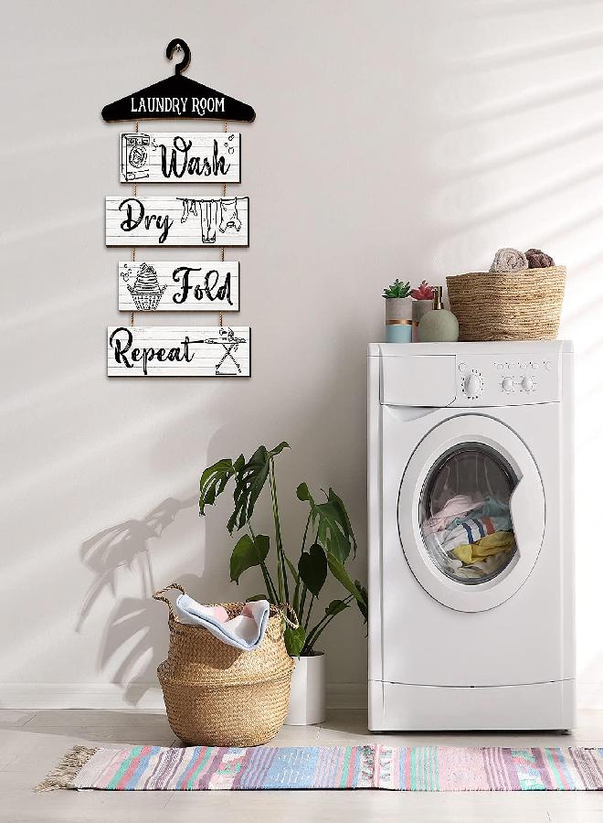 Blulu Blulu 5 Pieces Laundry Room Wall Sign Rustic Laundry Room Rules Hanging Sign Wooden Wash Dry Fold Repeat Laundry Plaque Vintage Farmhouse Laundry Rules Wall Decor 19.7 x 11 Inch (White Backing)  - Image 3