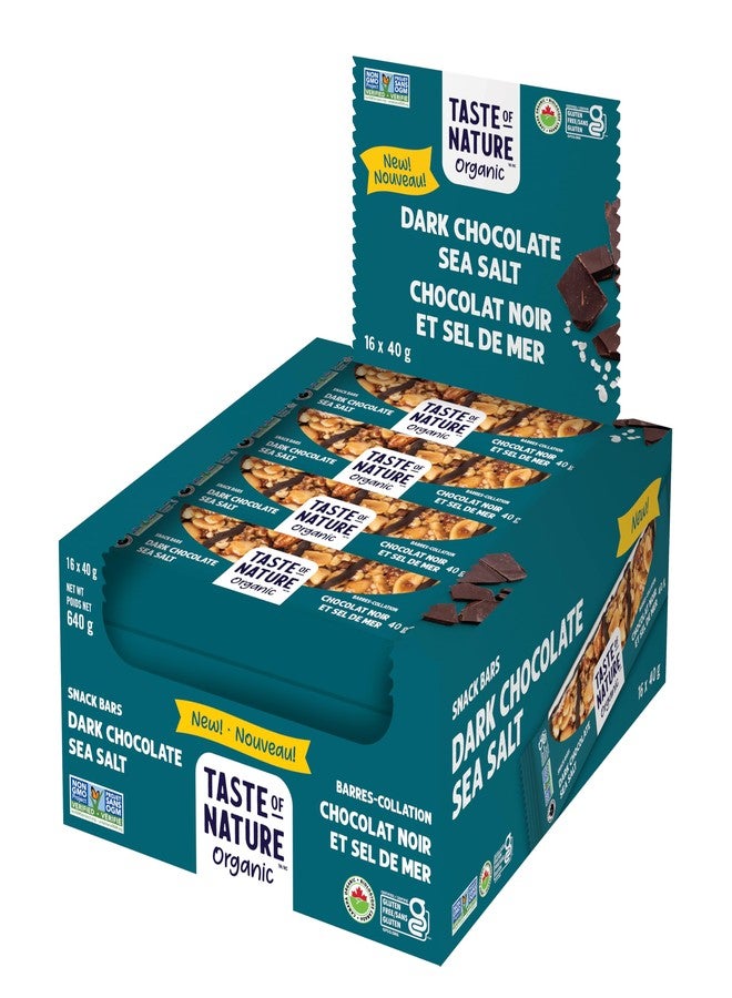 Taste of Nature Organic Dark Chocolate Snack Bars - Healthy, Low Sugar, Low Sodium, Gluten-Free, Vegan, Non-GMO, Kosher Dairy - 16 x 40g (16 x 40g, Sea Salt) - Image 1