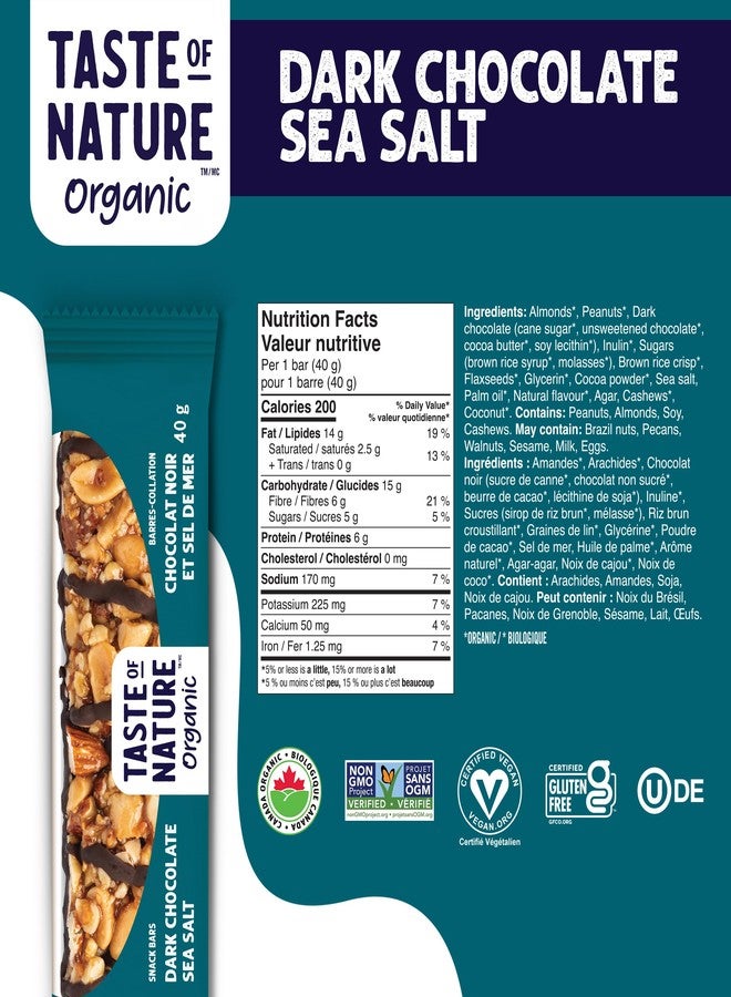 Taste of Nature Organic Dark Chocolate Snack Bars - Healthy, Low Sugar, Low Sodium, Gluten-Free, Vegan, Non-GMO, Kosher Dairy - 16 x 40g (16 x 40g, Sea Salt) - Image 4
