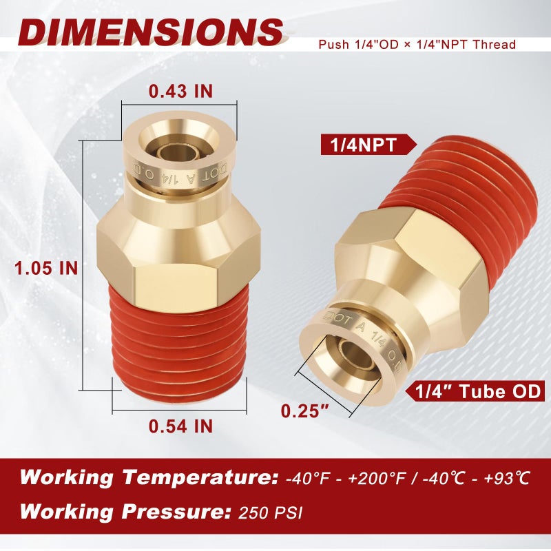 Boeray 1/4" Quick Push to Connect Fittings Brass Union Straight Joint DOT Approved for Tube OD x NPT Thread Air Line Adapter Suspension Kit for Truck Trailers and Brake System 4pcs - Image 5