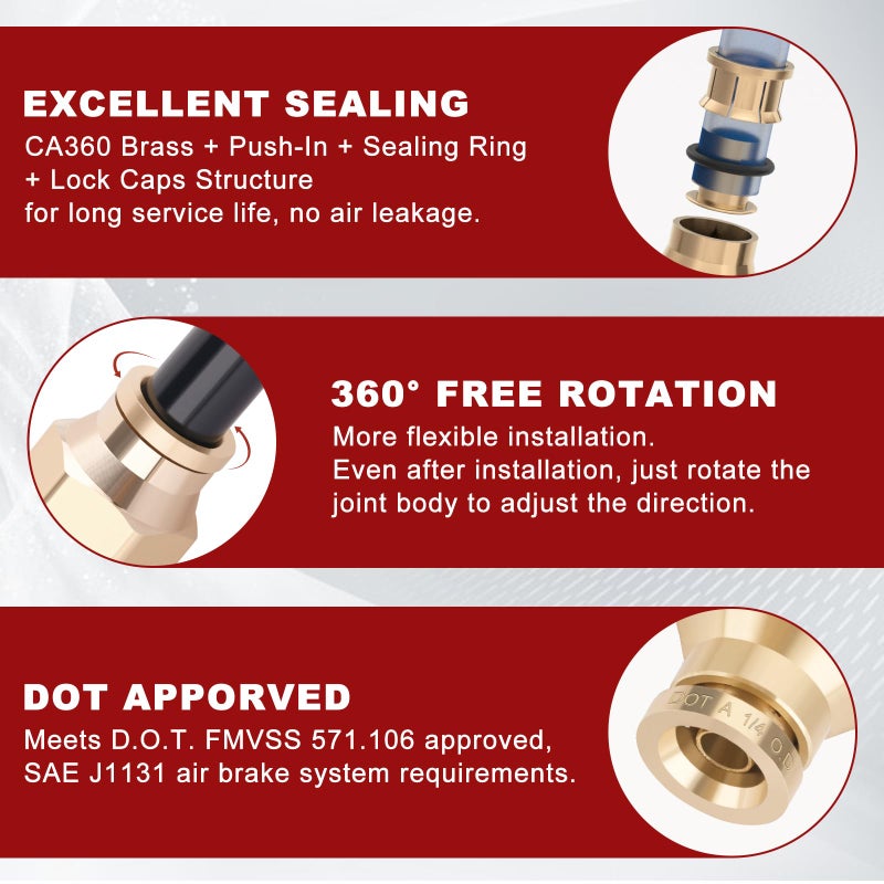 Boeray 1/4" Quick Push to Connect Fittings Brass Union Straight Joint DOT Approved for Tube OD x NPT Thread Air Line Adapter Suspension Kit for Truck Trailers and Brake System 4pcs - Image 4