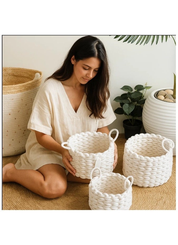 LINGWEI Woven Basket, Nursery Storage Basket Set of 3pcs Round White Storage Basket with Handles, For Shelves Cutton Rope Basket with Woven Design For Storage  - Image 2