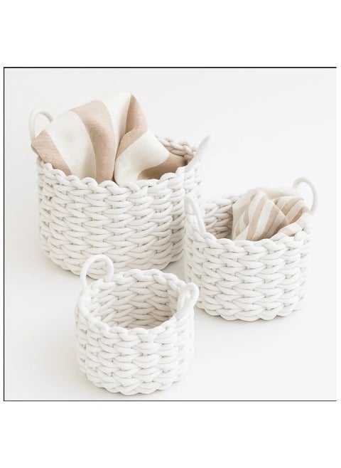 Woven Basket, Nursery Storage Basket Set of 3pcs Round White Storage Basket with Handles, For Shelves Cutton Rope Basket with Woven Design For Storage
