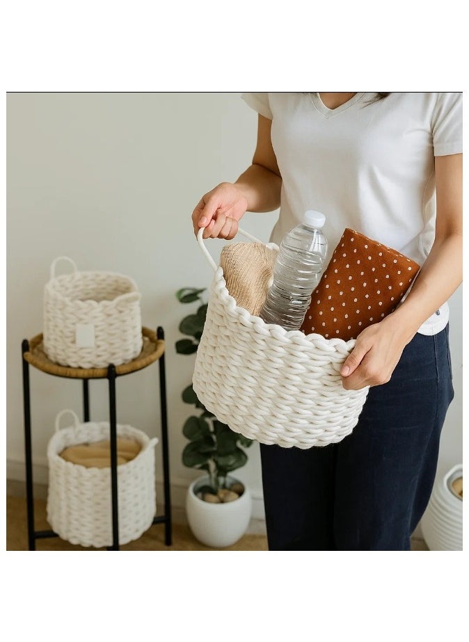 Woven Basket, Nursery Storage Basket Set of 3pcs Round White Storage Basket with Handles, For Shelves Cutton Rope Basket with Woven Design For Storage