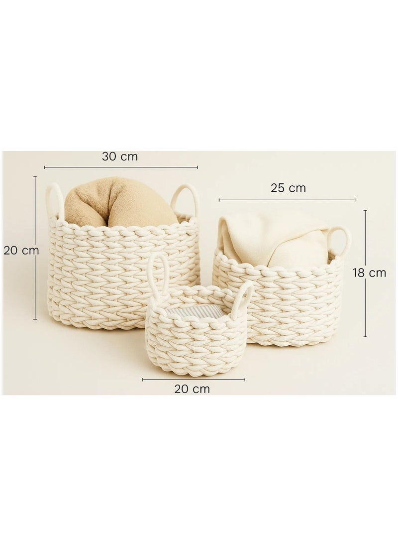 LINGWEI Woven Basket, Nursery Storage Basket Set of 3pcs Round White Storage Basket with Handles, For Shelves Cutton Rope Basket with Woven Design For Storage  - Image 3