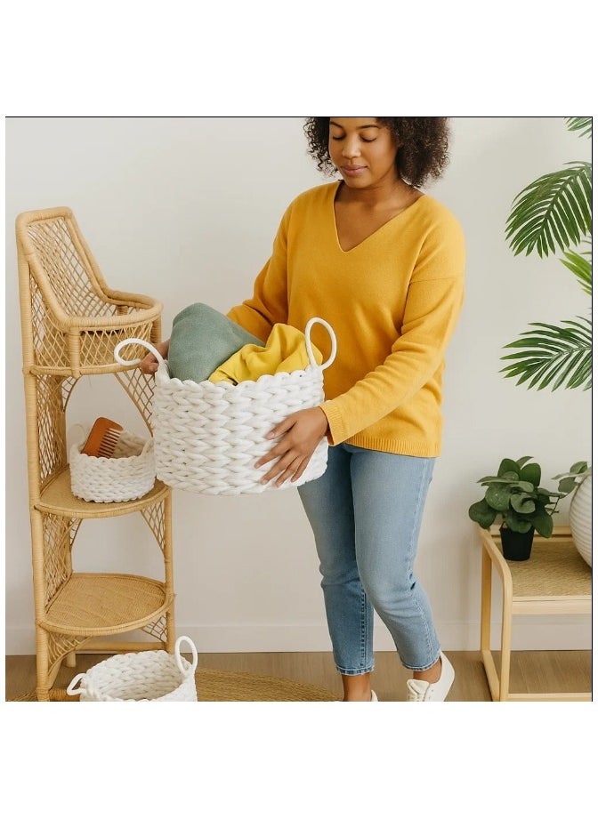 LINGWEI Woven Basket, Nursery Storage Basket Set of 3pcs Round White Storage Basket with Handles, For Shelves Cutton Rope Basket with Woven Design For Storage  - Image 4