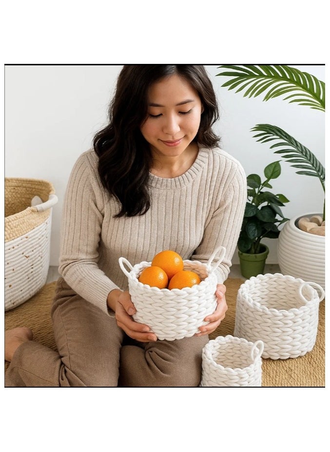 LINGWEI Woven Basket, Nursery Storage Basket Set of 3pcs Round White Storage Basket with Handles, For Shelves Cutton Rope Basket with Woven Design For Storage  - Image 5