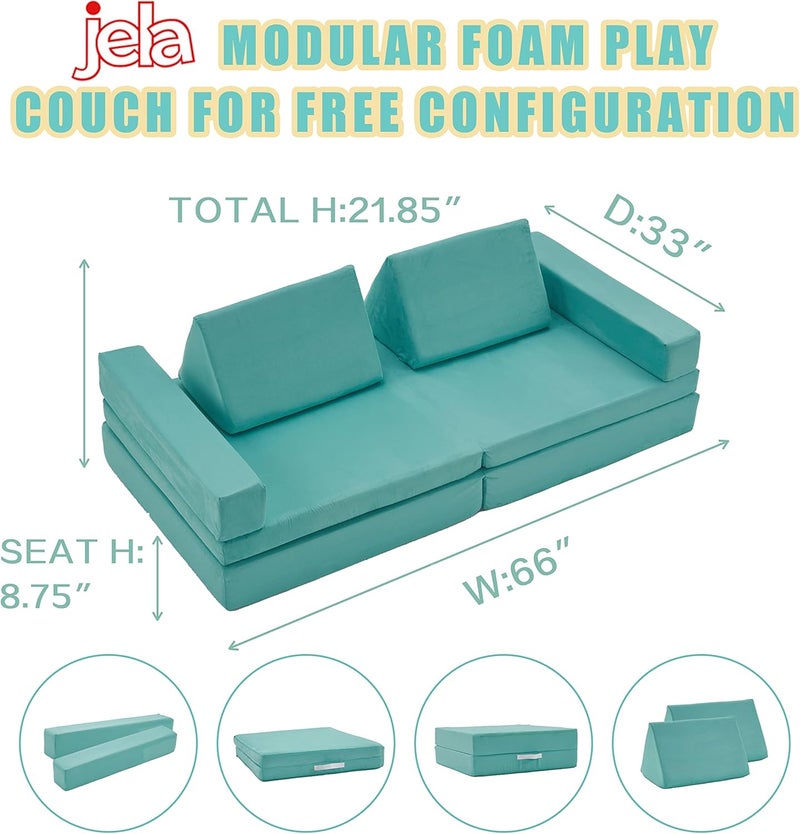 Jela Kids Modular Play Couch - Extended Size 8PCS, Floor Sofa for Family & Toddlers, 66" x 33" x 22" Mint Blue - Image 2