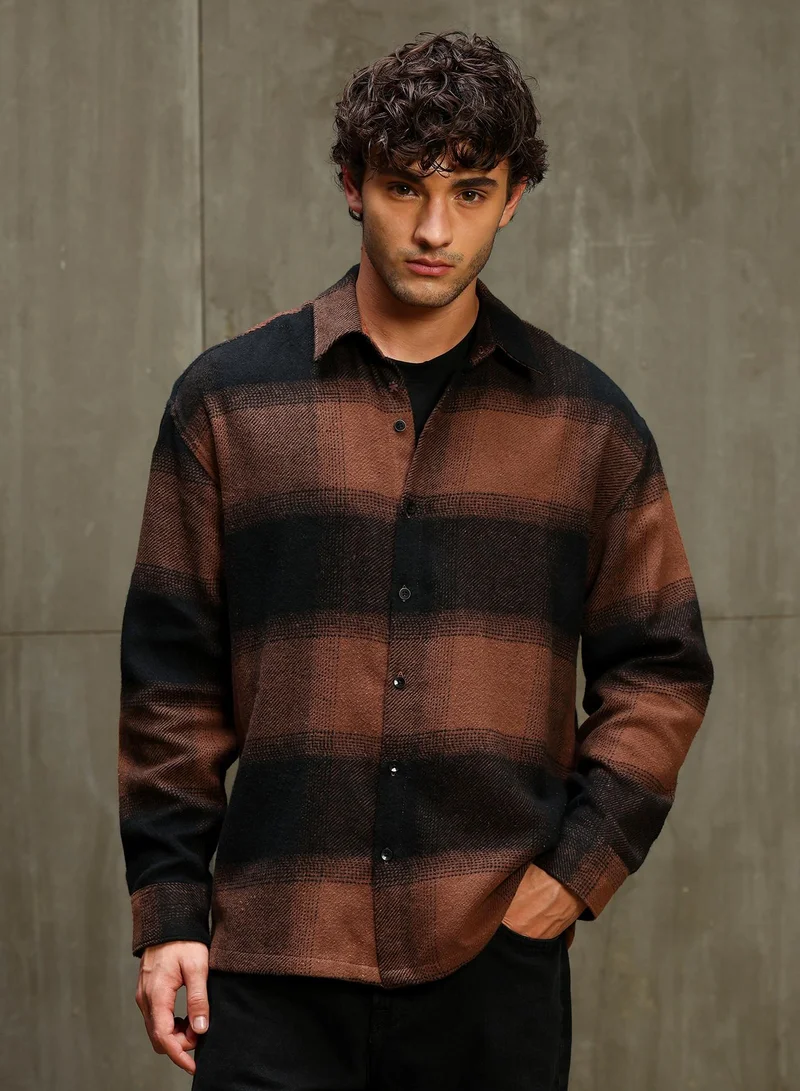 CAHOOT Men's Brown-Black Checkered Regular Shirt For Casual Wear | Collared Neck | Long Sleeve | Button Closure | Cotton Shirt Crafted With Comfort Fit For Everyday Wear