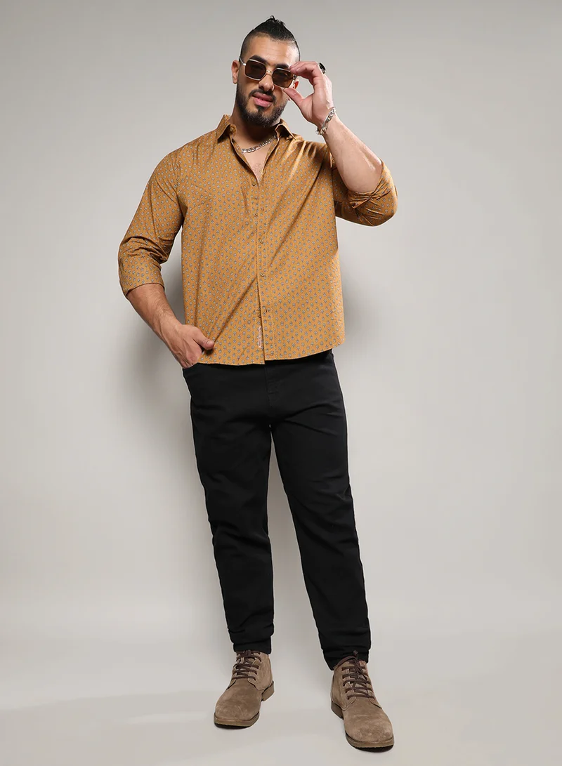Instafab Plus Instafab Plus Men's Tan Brown Micro Flower Shirt For Casual Wear | Spread Collar | Long Sleeve | Button Closure | Cotton Shirt Crafted With Comfort Fit For Everyday Wear
