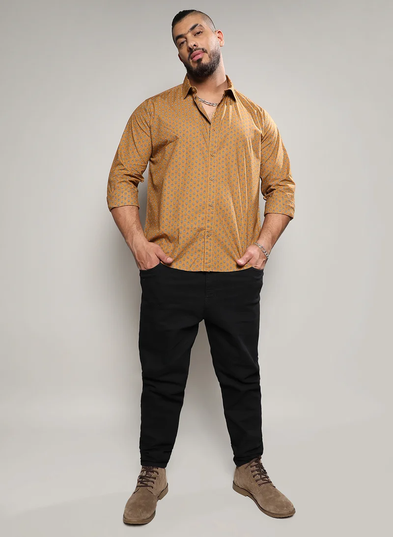 Instafab Plus Instafab Plus Men's Tan Brown Micro Flower Shirt For Casual Wear | Spread Collar | Long Sleeve | Button Closure | Cotton Shirt Crafted With Comfort Fit For Everyday Wear