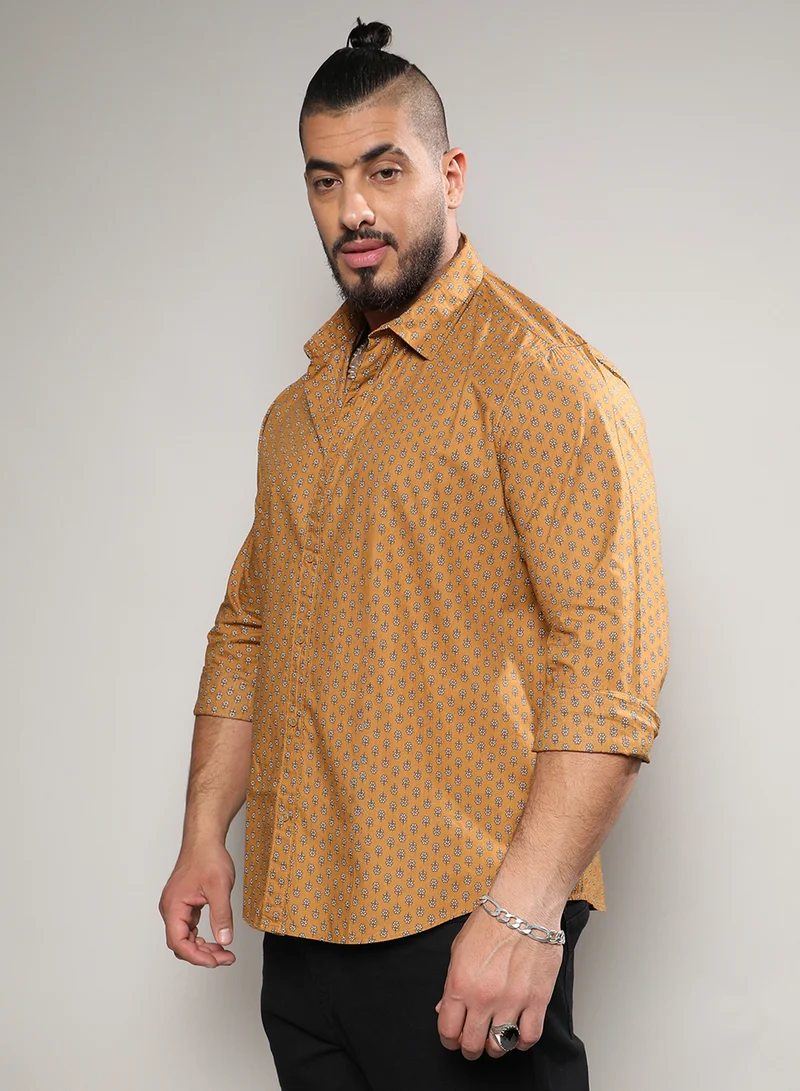 Instafab Plus Instafab Plus Men's Tan Brown Micro Flower Shirt For Casual Wear | Spread Collar | Long Sleeve | Button Closure | Cotton Shirt Crafted With Comfort Fit For Everyday Wear