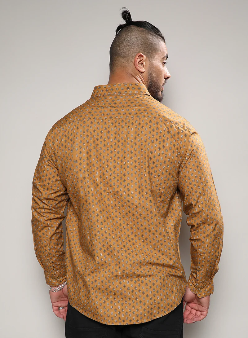 Instafab Plus Instafab Plus Men's Tan Brown Micro Flower Shirt For Casual Wear | Spread Collar | Long Sleeve | Button Closure | Cotton Shirt Crafted With Comfort Fit For Everyday Wear
