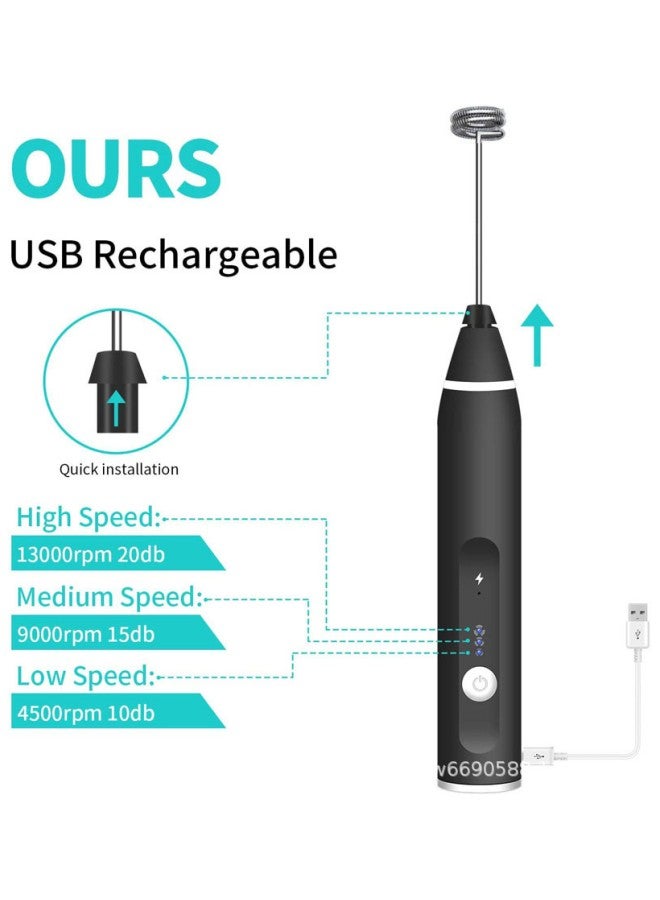 WAOKN Milk Frother, Coffee Milk Frother, Electric Egg Beater, Handheld Milk Frother, USB Charging, Three-speed Intensity Adjustment Milk Frother, Three-in-one Milk Frother, Suitable for Coffee,Latte,Black  - Image 3